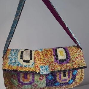 Christina vintage Purple and Yellow Shoulder Bag with Geometric Beadwork